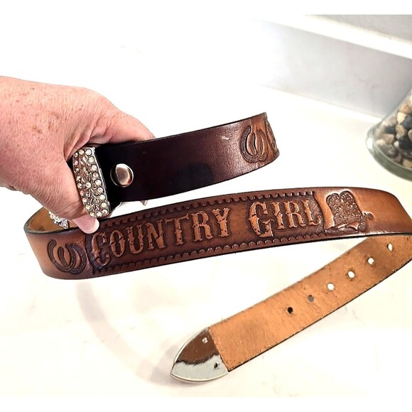 Leather Brown Belt Sz 38 Tooled Rhinestone Jessica Western Rodeo Country Cowgirl
